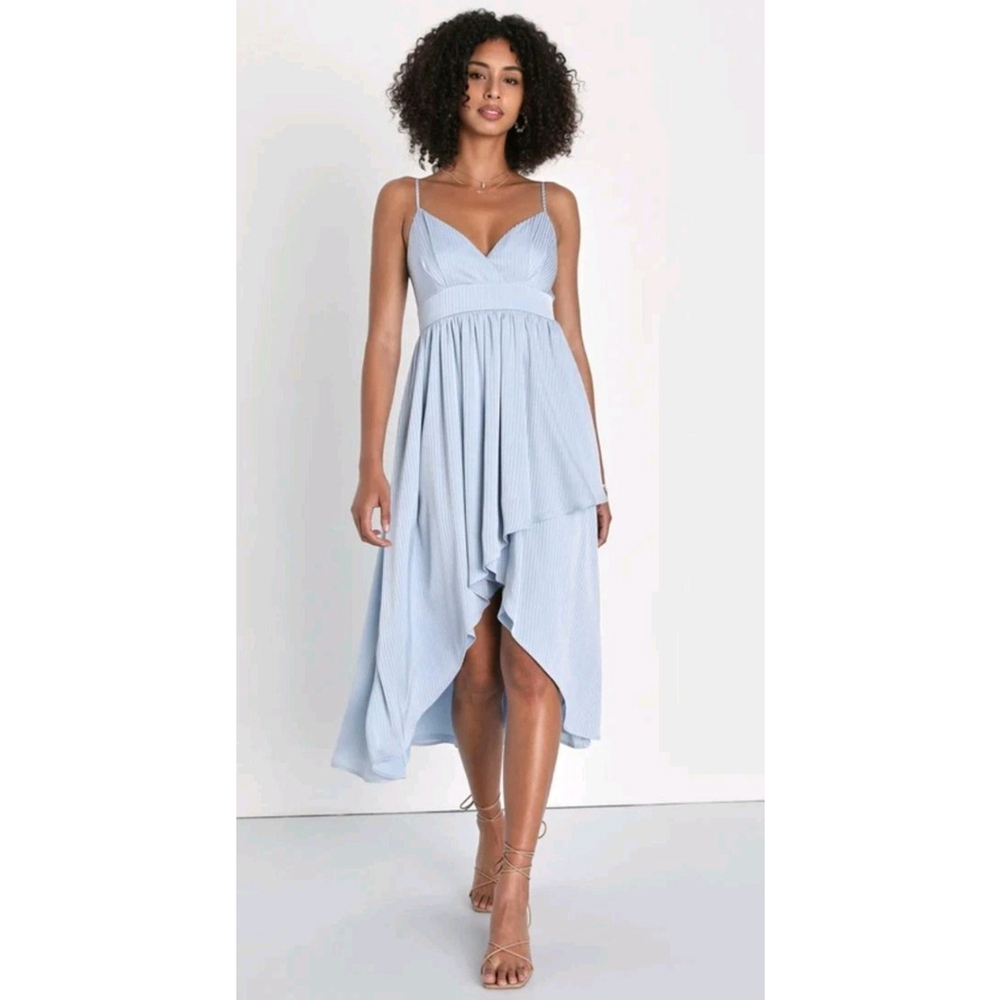 Lulus Beaming with Bliss Light Blue Striped Faux-Wrap Midi Dress Size S NWT $88